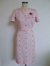 Vintage 50s Sheath Dress S XS 34B Pink Linen Embroidered Flowers Wiggle ... - £39.61 GBP