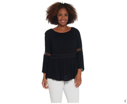 Du Jour Crinkle Gauze Bell Sleeve Top with Lace Inset Black Medium A308951 - $12.93