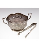 Persian Silver Etched Sugar Bowl with Tongs Gorgeous Condition! - $594.00