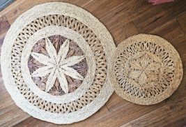 Vintage set of 2 Woven Rattan Raffia Rug Rounds 36&quot; &amp; 19&quot; Round Rugs 70&#39;... - $125.02 CAD