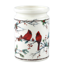 Cardinal Stoneware Crock Utensil Holder Kitchen Gadget Canister Red Bird... - $31.16