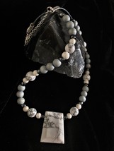 Veined Howlite Center Stone Accentuated By Howlite/Grey Wood Beads/Leather Cord - £24.72 GBP