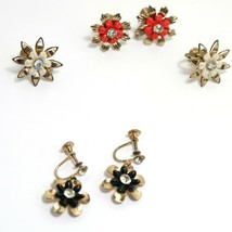 Three Vintage Pairs Clip On Earrings Screwback Red White Black Flower Rhinestone - £35.23 GBP