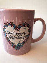 Happy Birthday Mug Cup Staffordshire England Purple W/ Heart Flowers Ribbons - £6.72 GBP