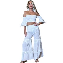 Antica Santoria Crop Top Pants Wide Leg Boho Resortwear Tambour Embroidery - £53.49 GBP