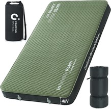 Self Inflating Double Sleeping Pad, 4In Ultra-Thick Foam Camping, Army Green - $201.96