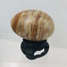 Vintage Polished Natural Stone Tan Veined Egg Granite Marble Alabaster Wood Base - £13.88 GBP