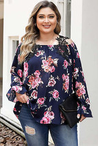 Navy Blue Plus Size Crochet Detail Cold shoulder Floral Blouse - $25.99