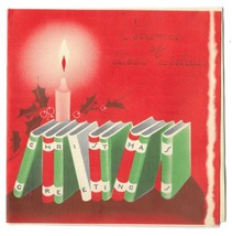 Vintage 1940s Wwii Era Christmas Greeting Holiday Card Books &amp; Candle &amp; Holly - £11.66 GBP