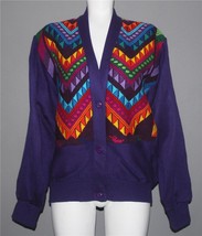 VTG Bright Colorful Yarn Embroidered Geometric Purple Batwing Cardigan W... - $29.99