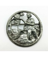Vintage Pewter Brooch Round Relief Boy Fishing in Stream with Large Fish... - £11.32 GBP