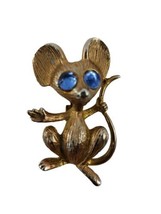 Vintage Gold Tone Mouse Blue Rhinestone Gold  Eyes Brooch Pin Signed JJ - £23.70 GBP