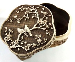 Vintage Carved Jewelry Trinket Box Birds Cherry Tree Resin Felt Lined 1990s Nos - £11.82 GBP