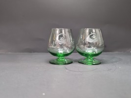 Vintage Green Etched Brandy Cordial Snifter Shot Glass Floral Rose Set Of 2 - $11.88