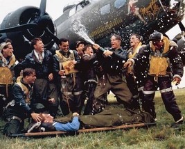 Memphis Belle 1990 crew in front of B-17 letting of champagne 5x7 photo - £6.23 GBP