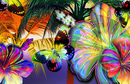 Framed Canvas Art Print Painting Sunset Beach Tropical Butterflies Flowers Bali - £31.64 GBP+