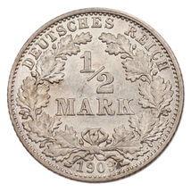 1909-D Germany 1/2 Mark Silver Coin KM #17 Choice Uncirculated Condition - $188.67