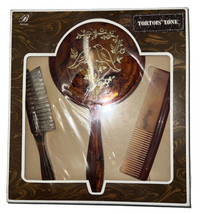 Vintage Tortoise SET Mirror Etched Lovebirds Brush And Comb Shell Plastic Sealed - £47.45 GBP