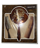 Vintage Tortoise SET Mirror Etched Lovebirds Brush And Comb Shell Plasti... - $81.20 CAD
