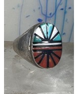 Turquoise Ring Zuni coral inlay mother of pearl size 10.7 sterling silve... - $4,863.07 MXN