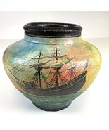 Vtg Signed Pottery Vase Sailing Ships Textured Nautical Marine Detailed ... - $105.25 CAD