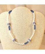 Handcrafted Beaded Necklace White &amp; Blue Beads Floral Glass Ceramic Jewe... - £19.55 GBP
