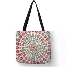 Mandala Flower Tote Bags Women Eco Linen Reusable Shopping Bag Floral Print Hand - £13.75 GBP
