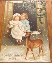 Vintage German Christmas Postcard With Children &amp; Deer Illustration - $19.79