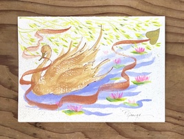 Golden Swan Swimming with Tethered Heart in Acrylics Greeting Card - £11.66 GBP