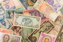 Lot of 50 World Banknotes: Europe, Asia, Central &amp; South America, Various Cond. - $123.75