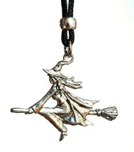  Flying Witch Necklace Funky Quirky Pendant Broomstick Halloween Fun Bead Cord - £6.92 GBP