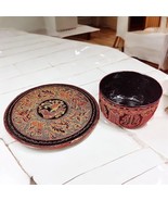 Vintage Burmese Lacquerware Plate and Bowl Set with Intricate Floral Des... - £45.79 GBP