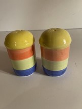 Salt and Pepper Shakers Rainbow Striped Blue Green Orange Yellow 4&quot; Tall... - £7.95 GBP