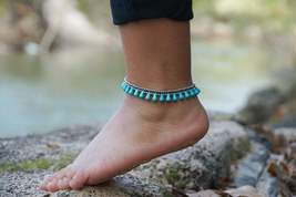 Turquoise Teardrop Bead Boho Silver Anklet - £9.99 GBP