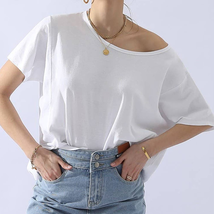 Loose Fit Round Neck Short Sleeve Cotton T Shirt Top Off White XL - £19.46 GBP