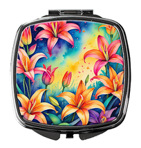 Elegant Square Compact Mirror With Colourful Lilies Artwork - £12.28 GBP