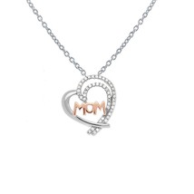 Sterling Silver Half CZ Heart w/ Rose Gold Plated &quot;MOM&quot; Pendant - £63.77 GBP
