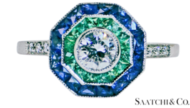 Platinum(950) -Natural 0.62 Ct diamond &amp; Natural Sapphire | Emerald ring, Size 7 - £2,161.47 GBP