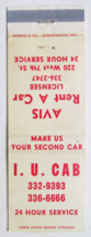 I.U. Cab / Avis Rent A Car - Indiana University 20 Strike Matchbook  Cover IN - £1.39 GBP