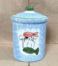Himark Art Pottery Pirate Cat w Fish Blue Spongeware Cookie Treat Jar Ca... - $39.60