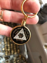 25 Year AA Medallion Tri-Plate Black Clear Crystal In Gold Plated Keychain - £25.57 GBP