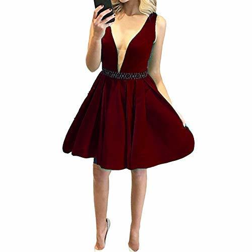 Kivary Plus Size Sheer V Neck Beaded Waist Prom Homecoming Party Dress Burgundy
