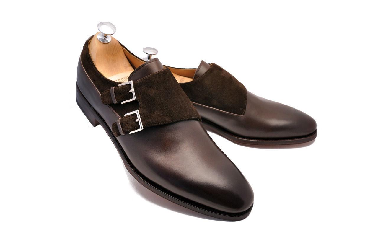 Monks Double Buckle Strap Brown Suede Leather Rounded Derby Toe Formal Shoes