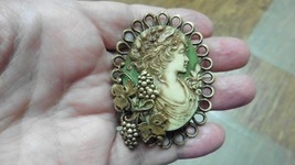 CL14-37) NOBLE Lady with flowers green + ivory CAMEO Pin Pendant brooch necklace - £29.13 GBP
