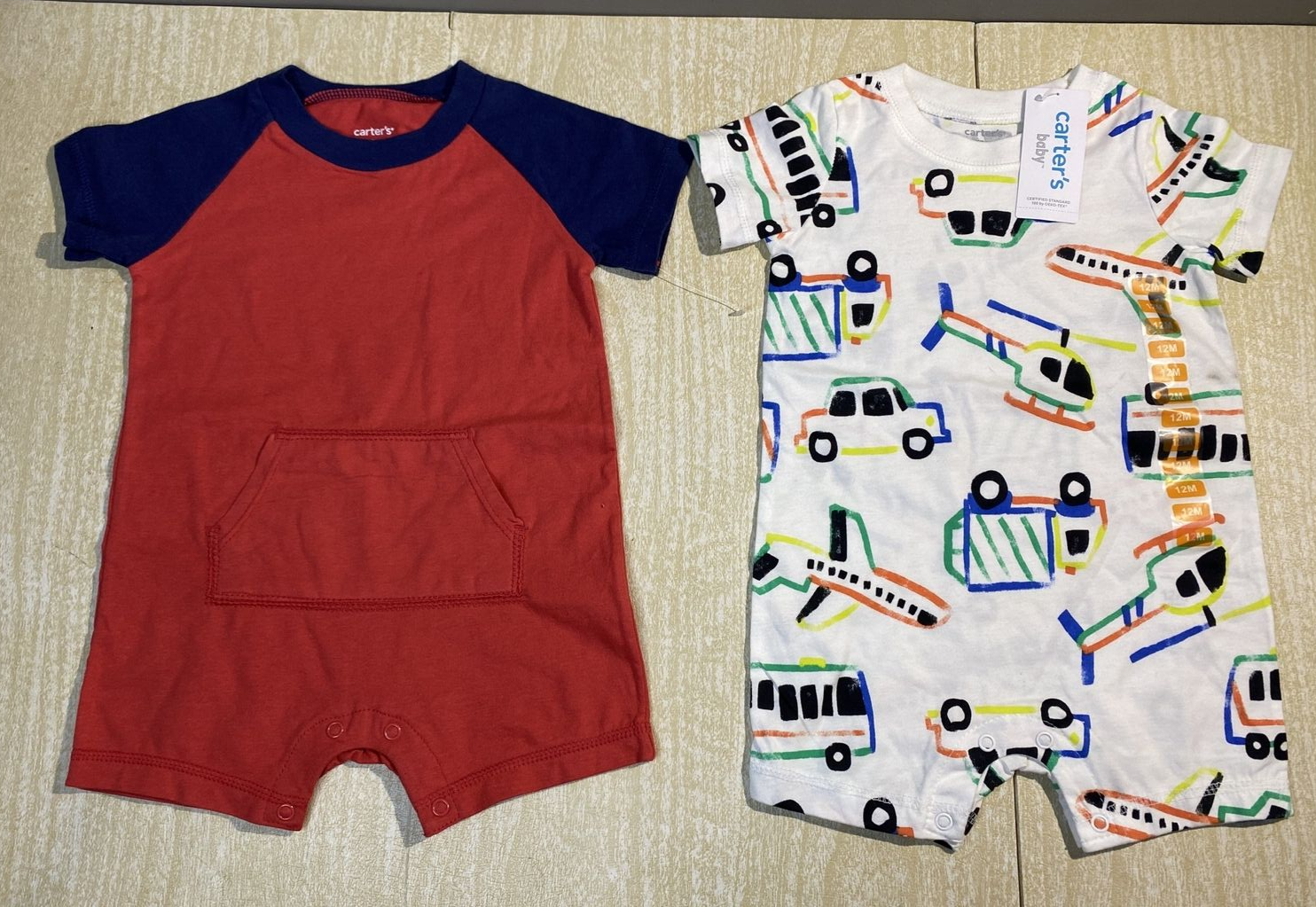 Carters Baby Rompers Infant 12 months Airplanes Cars Trucks Bus Copters Lot of 2 - $7.70