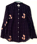 Loft women M shirt button close navy blue flowers long sleeves 100% cotton - £9.66 GBP