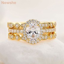 Yellow Rose Gold Engagement Rings For Women Bridal Set 925 Silver Halo Oval Cut  - £57.76 GBP