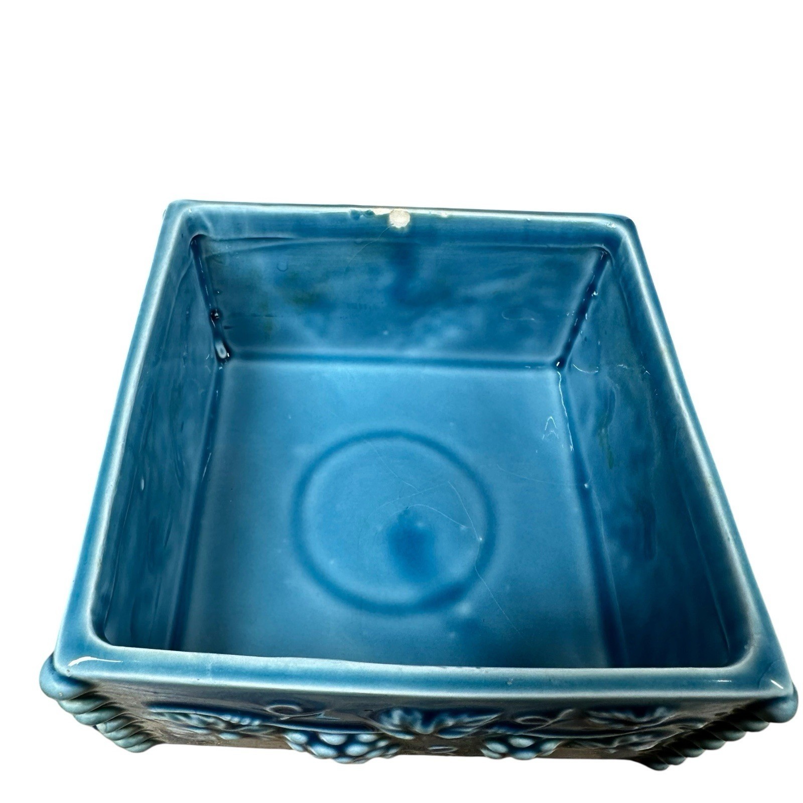 Vintage Enesco Turquoise Pedestal Grapevine Candy Nut Dish with Lid Square Japan Item image 7