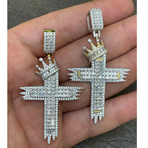 Uomo Diamanti Finti Religioso King Corona Croce Ciondolo Argento Placcato Oro - £151.81 GBP