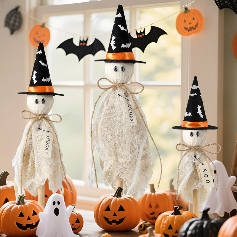 Halloween Decorations Indoor, Set of 3 Primitive Halloween Ghosts with Witch Hat Item image 5
